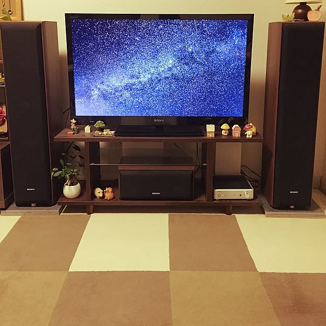 Overview,小さな家の家,ウォールナット,ローボード,AZUMAYA,TEAC A-H01,SONYスピーカー,SONY TV,ミニチュア雑貨,観葉植物 kurupe00の部屋