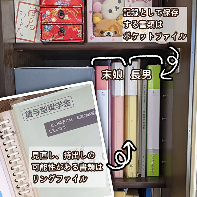 書類整理,ファイリング,クリアポケット,ルーズリーフバインダー,思い出,学校のプリント,本棚,持ち運びできる,書類,書類管理,百均ファイル,簡単,色分け,色分け収納,小学生,中学生,大学生,高校生,Overview mi-saの部屋