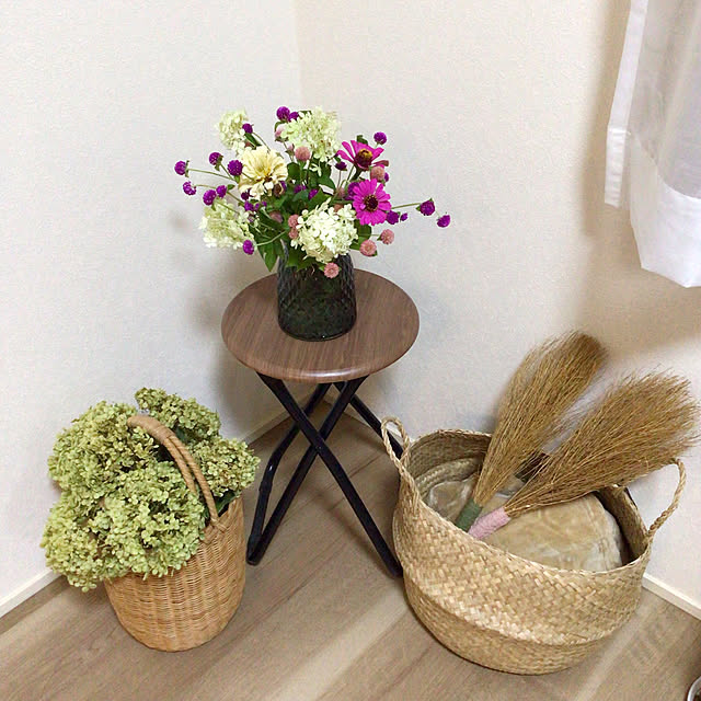 salut！,FLADIS,IKEA,カゴ/バスケット,アナベルドライ,コキアのほうき,ナチュラル素材,見ていただいてありがとうございます♡,癒し,平屋,夏,夏の花,花のある暮らし,庭の花,庭の花を飾る,ピラミッドアジサイ,百日草,千日紅,フラワーベース,My Shelf houenの部屋