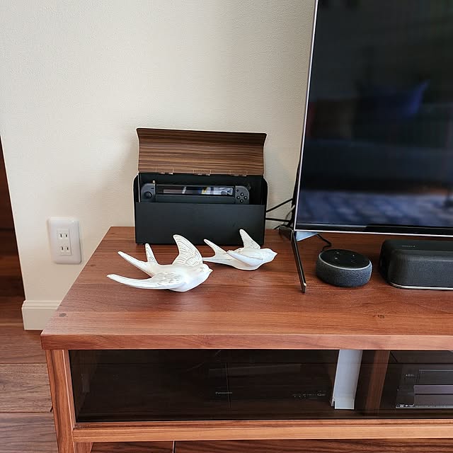My Shelf,小物収納,ゲーム機収納,Switch収納,プレステ4,ゲーム機ケース,Nインボックス,コントローラー収納,マスターウォール テレビボード,65インチテレビ,サッと拭けるように,ヤナカーン,ウォルナットTV台,宮武製作所 75の部屋