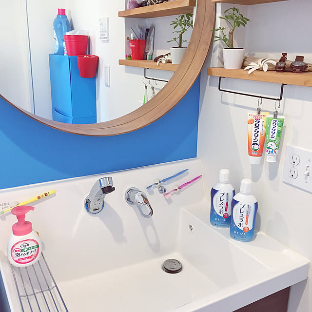 マウスウォッシュ,ホワイト,洗面所,ウォールデコレーション,造作ニッチ,コードクリップ,IKEA ミラー,コンタクト収納,家づくり,吊るす収納,歯ブラシホルダー,Stockholm ミラー,掃除しやすさ重視,グリーンのある暮らし,アメリカンスイッチ,壁掛け収納,LIXIL洗面台,ブルーの壁紙,壁掛け棚,子どものいる暮らし,Bathroom ishiikeの部屋