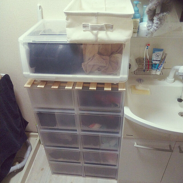 Bathroom,収納アイデア,つっぱり棒,DIY,小物収納,脱衣場収納,たたまない収納 Sachiの部屋