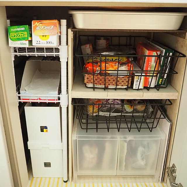 Kitchen,DIY,賃貸暮らし,賃貸DIY,シンク下収納,食品保存ラップ類の収納,ダイソー,ダイソー スチールラック,ダイソー ファイルボックス,無印良品,ポリプロピレンケース・引出式・深型,ワイヤーバスケット toukoの部屋