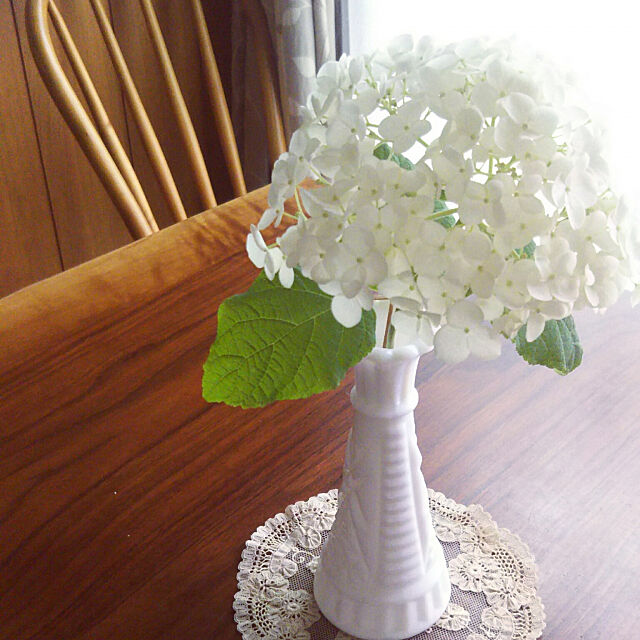 My Desk,アナベル,ミルクガラス,お庭の花,ベルギーレース hi-yaの部屋