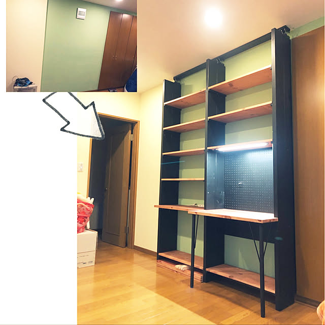 オープンシェルフ,1×12,2×6,ウォリスト,シェルフ,勉強机,ワーキングデスク,本棚,子供部屋,ワトコオイル,DIY,My Shelf,有孔ボード motohouseの部屋