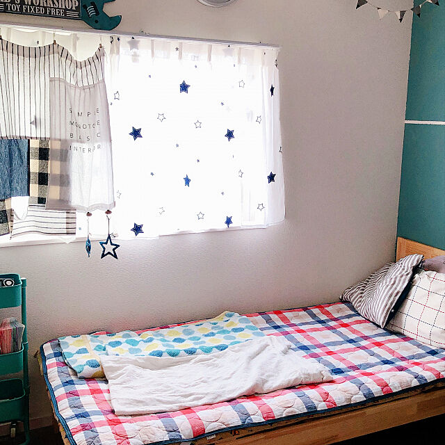 壁紙ペイント,ベッド,子供部屋,パイン材,カーテン 手作り,息子,子供部屋男の子,子供のいる暮らし,Overview amumamuの部屋