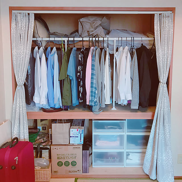 布団収納,季節家電 収納,無印良品,つっぱりカーテンレール,つっぱり棒,ふすまを外す,押入れクローゼット,夫婦二人暮らし,3LDK,壁に穴をあけられない,ふたり暮らし,マンション暮らし,分譲賃貸,My Shelf puriの部屋