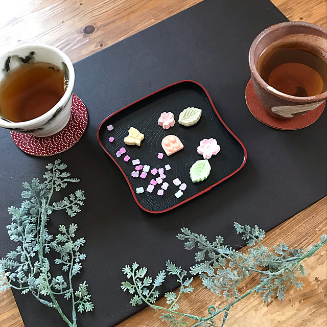 お茶の時間,フェイクグリーン,干菓子,和,19.3.19,Lounge,ハンドメイド,砂糖菓子,金平糖,カフェトレイ 手作り,カフェトレイ sokatanの部屋