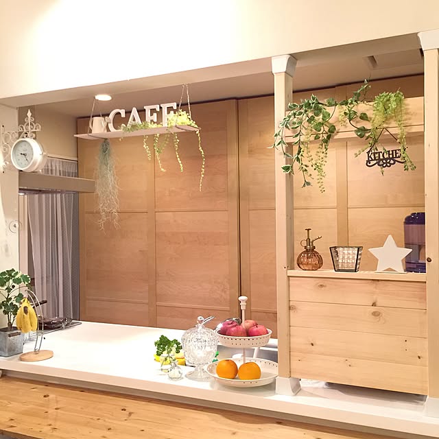 Kitchen,ディアウォール,フェイクグリーン,DIY　,アルファベット オブジェ,観葉植物,エアプランツ,パントリー,食器棚,キッチンカウンター,IKEAワードローブ,たくさんのいいね！ありがとうございます♡,IKEAワードローブを食器棚に改造,定点観測❁キッチン cherryの部屋