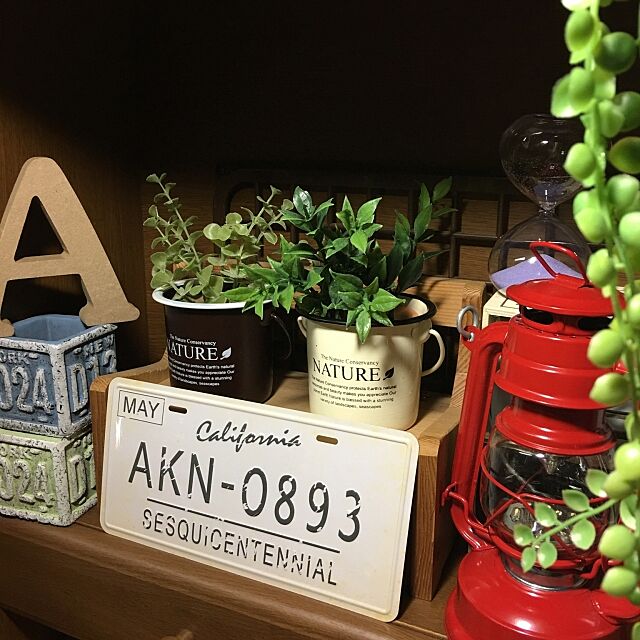 My Shelf,アルファベットオブジェ,ブリキナンバープレート,LEDランタン,植木鉢,セリア,ダイソー,フェイクグリーン akekuroankoの部屋