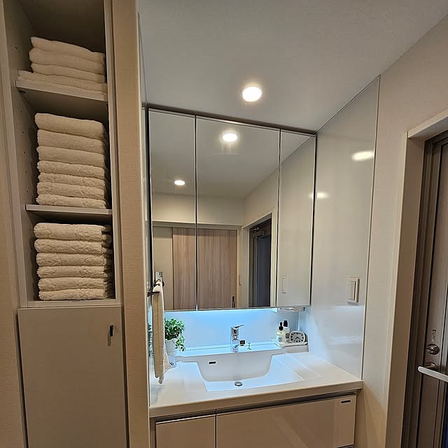 Bathroom,一人暮らし,ホワイトインテリア,シンプルな暮らし,シンプルな生活,おうちをキレイに保つ習慣,観葉植物,今治タオル,タオル棚,タオルは白派,タオルは見せる収納 Pokoの部屋