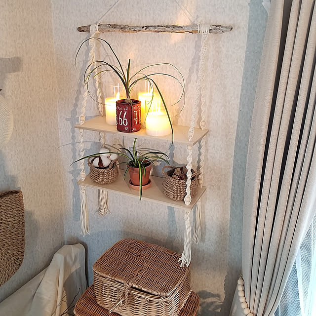 My Shelf,飾り棚,木が好き,手作り,LEDキャンドルライト,マクラメ壁掛けシェルフ,観葉植物のある暮らし,かご大好き,流木,麻紐のかご,トックリラン,NOGREEN NOLIFE midoriの部屋