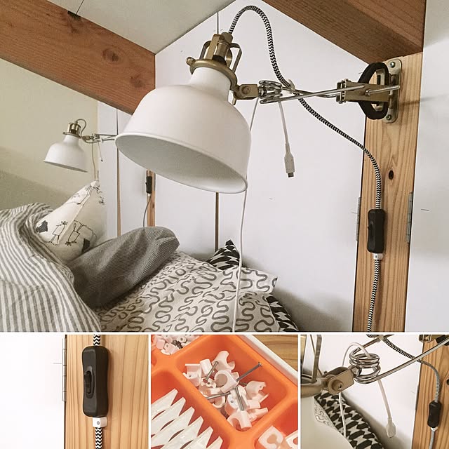 Bedroom,DIY扉,ウォールライト,スマホ充電器,ウォールランプ,無印良品,コード収納,IKEA,小屋,梁 mohayaeteの部屋