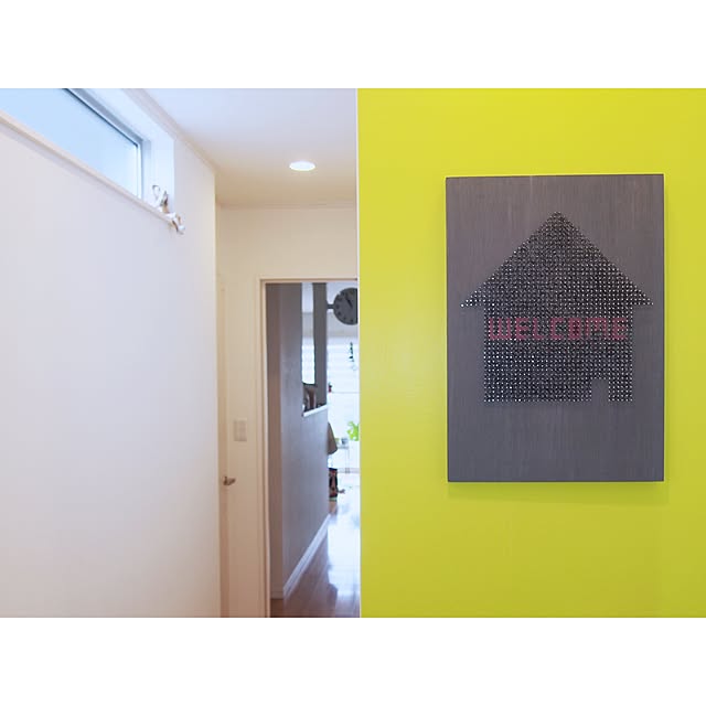 Entrance,ストリングアート,welcome home,welcome,グレー×イエロー,ダルトンの時計,ウッドアニマルトイ,おうちモチーフ,黄色い壁,mt CASA,ウェルカムボード 手作り,ウェルカムボード,コンテスト参加中,ハンドメイド,Welcomeボード shima...の部屋