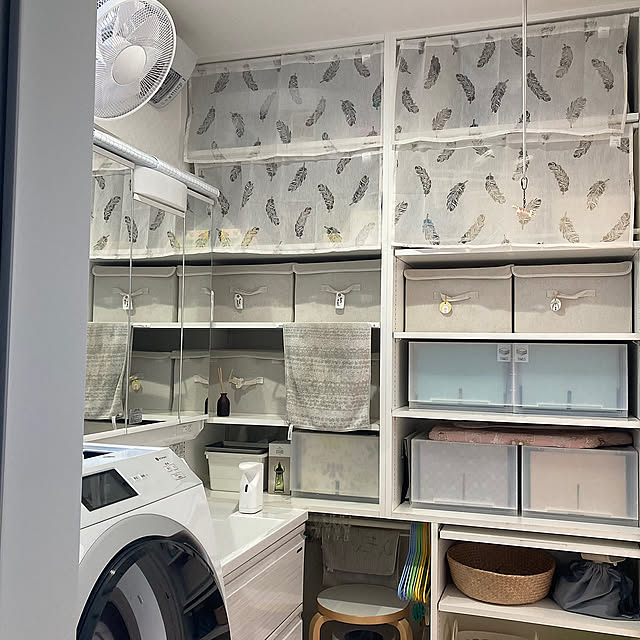 Bathroom,無印良品 PP収納ケース,造作棚,ダイソー 不織布収納ボックス,カフェカーテン,脱衣所収納棚,収納スペース mkmkmoominの部屋