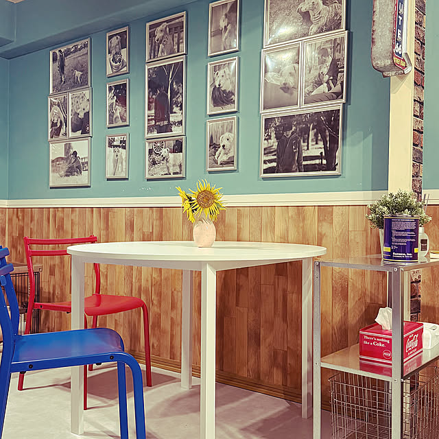 My Desk,DIY,IKEA,カフェ風,セルフペイントの壁,セルフペイント,セルフリフォーム,マンションインテリア,マンションリフォーム,わんこ多頭飼い生活,わんこと暮らすインテリア,いぬと暮らす,カラフルな壁,カラフル大好き♡,カラフルインテリア,カラフルな家,ダイニングセット,マンション mzk1213の部屋