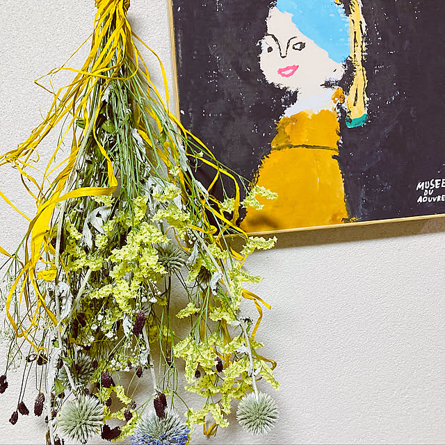 なんちゃってフェルメール,かすみ草,スターチス,ルリタマアザミ,ワレモコウ,ユニクロフラワー,ドライフラワーのある暮らし,On Walls mimichankの部屋