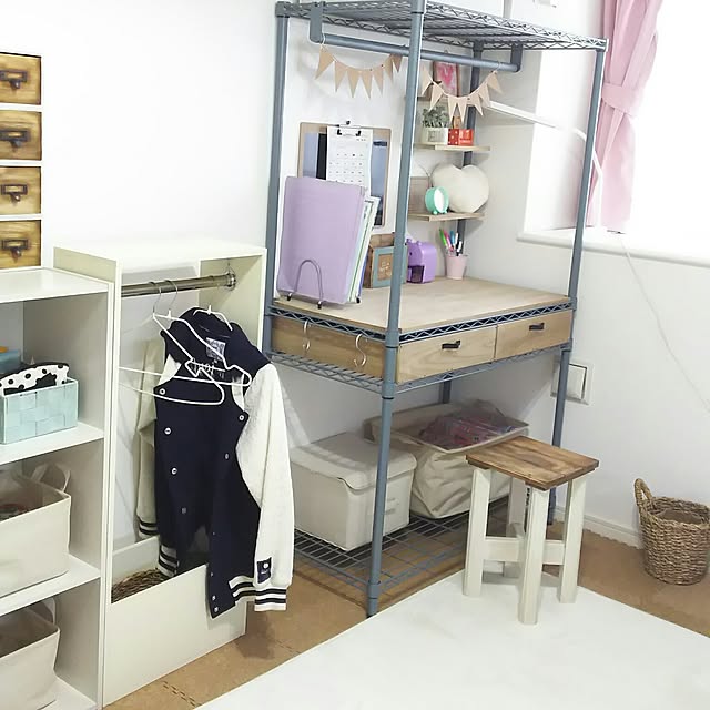 学習机,ハンガーラックDIY,ルミナスラック,スチールラック,DIY,ダイソー,キャンドゥ,DIY棚,セリア,いなざうるす屋さん,子供部屋 flannel.の部屋