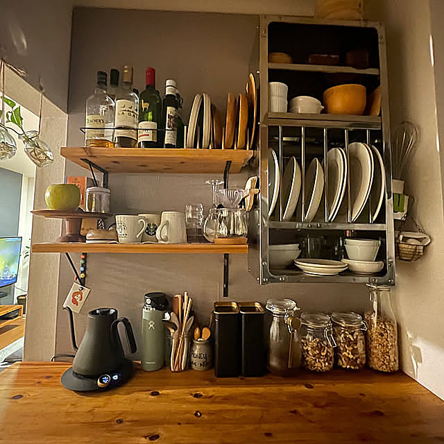 Kitchen,壁美人で壁面収納,壁美人,賃貸インテリア,賃貸,2LDK,2人暮らし,賃貸でも諦めない！,セカンドライフ,『RCカントリー倶楽部☆』,IKEA,DIY,グリーンのある暮らし,インディアンキッチンラック akoの部屋