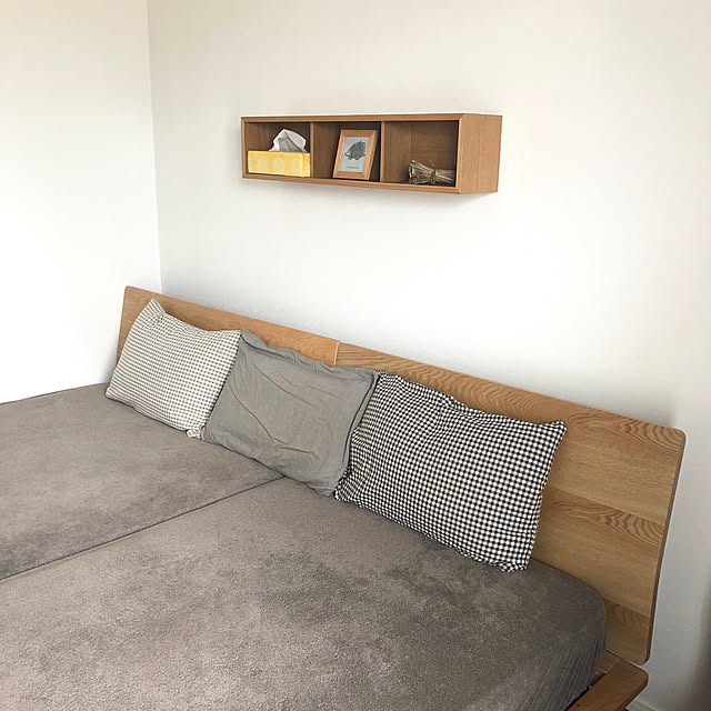 Bedroom,無印良品ベッド,無印良品 壁に付けられる家具,nina生地,ティッシュケース,ティッシュカバー,北欧,チェック柄 hanahaの部屋