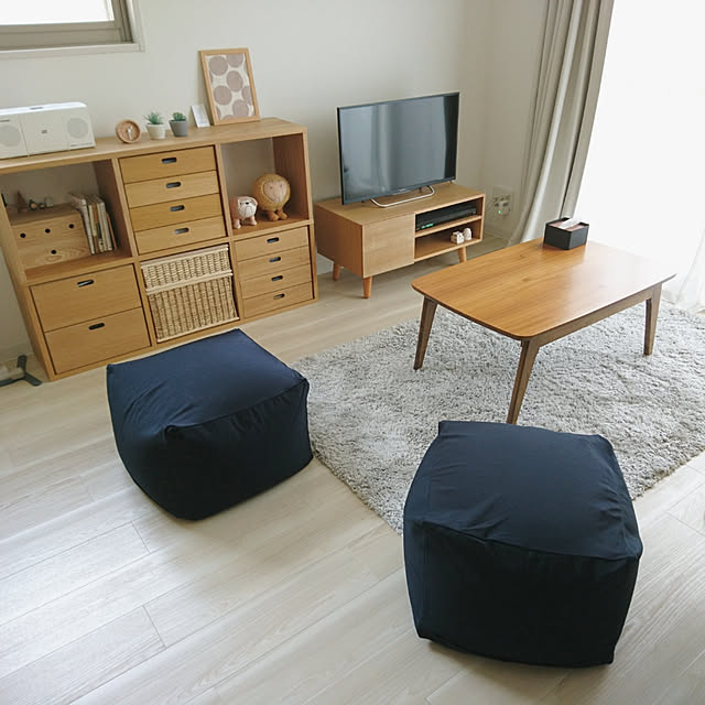 Lounge,北欧,二人暮らし,シンプル,インテリア,木製,木製家具,収納,seria,100均,ダイソー,テレビ,テレビ台,無印良品,体にフィットするソファ,ローテーブル,スタッキングシェルフ on_100kの部屋