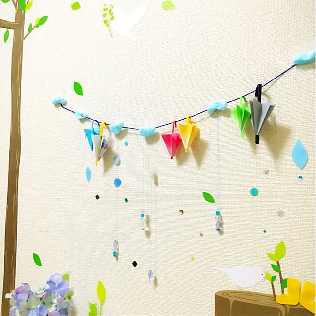 On Walls,あじさい,鳥さん,傘,ガーランド,こどもと暮らす,ハンドメイド,ミニチュア,こどもと一緒に w.bの部屋