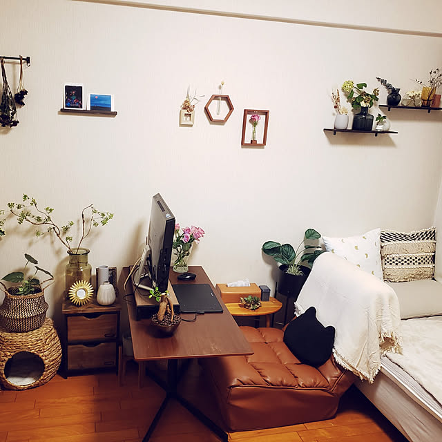 Overview,セリア,3COINS,ディスプレイ棚,花のある暮らし,ダイソー,IKEA,100均,花瓶,ドライフラワー,観葉植物,ニトリ,フェイクグリーン,クッション,salut!,カフェテーブル,ハイバックソファ,アクタス,ねこのいる日常,ねこと暮らす。,実家暮らし,男前ナチュラル nonの部屋