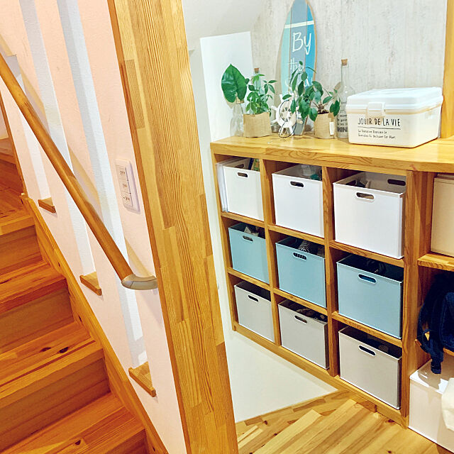 統一感,収納ボックス,白×ブルー×グレー,木のぬくもり,無垢の家,My Shelf chosefの部屋