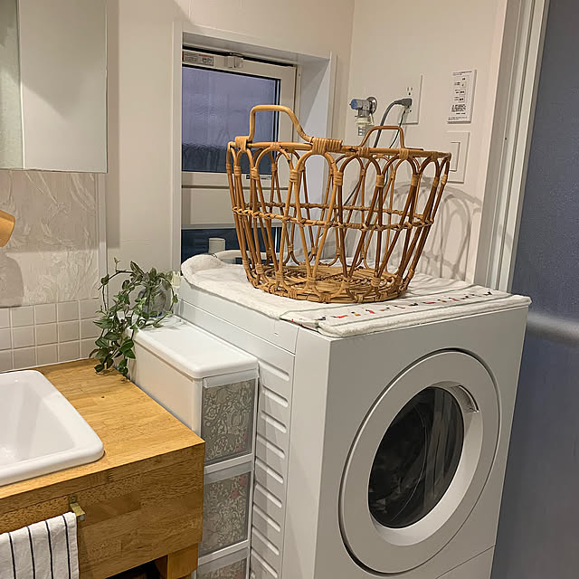 Bathroom,洗濯かご,IKEA,ドラム式洗濯機,Panasonic,造作洗面台,かご・バスケット,ナチュラルインテリア,リノベーションハウス,木製品が好き♡,スニダード AONAの部屋