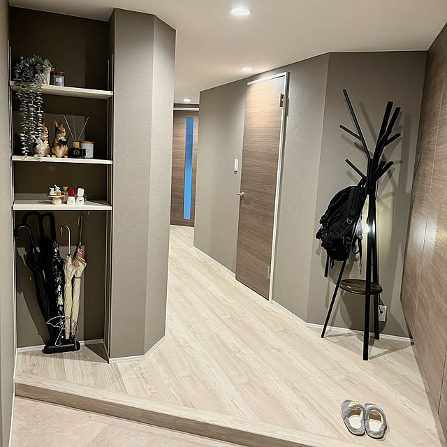 Entrance,オープンラック,玄関ディスプレイ,鍵置き場,傘置き場,フェイクグリーン,壁紙,玄関収納,照明,コートハンガー nachipavlovaの部屋