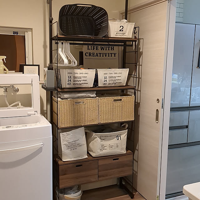 Nポルダ,洗面所,洗面所収納,ハンガー収納,ハンガーパイプ,ワードローブ,ニトリ,ニトリNポルダ,ワイヤーシェルフNポルダ,Nポルダ用引き出し,突っ張りワイヤーシェルフ,ワイヤーワードローブ,ダイソー,洗濯機周り,洗濯機まわりの収納 mm3の部屋