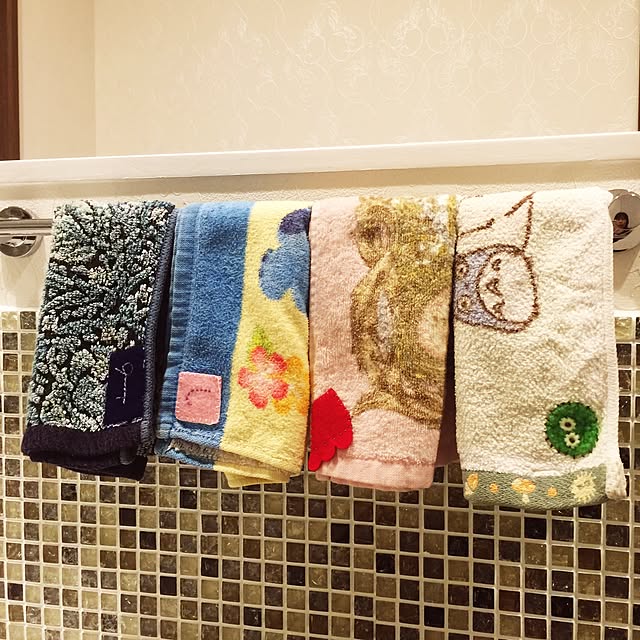 Bathroom,顔拭きタオル,リノベーション,洗面台,洗面所,タイル洗面台,タイル貼り,タイル,リノベーションのその後,フェルト,アップリケ,刺繍,刺繍大好き❤ haru_hanaの部屋