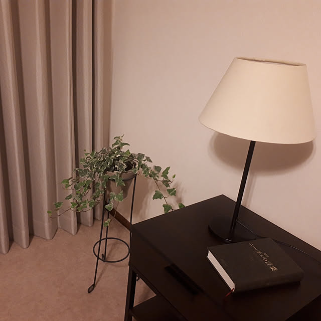 Bedroom,グレーインテリア,IKEA,照明,クラシックモダン,テーブルランプ,アイアン,観葉植物,ホテルライク,絨毯,カーテン,アイビー,ベッドサイドテーブル,ヘデラ matthewの部屋