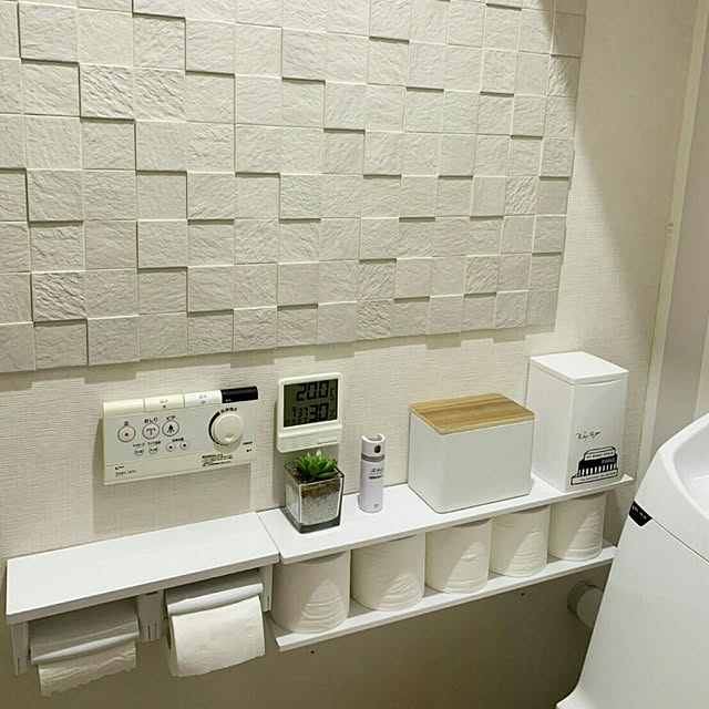 Bathroom,収納,壁面収納,トイレットペーパー収納,収納棚DIY,エコカラット,サニタリーボックス,トイレットペーパーホルダー,観葉植物,シンプルインテリア,ホワイトインテリア,見せる収納 a_suの部屋