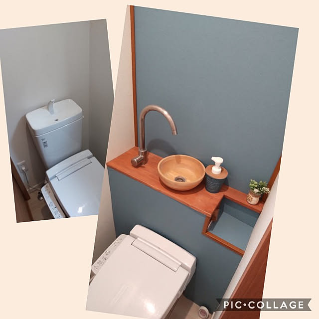 Bathroom,ブルーグレーの壁紙,タンクレス風トイレDIY,職人パパ,DIY,セミオーダー住宅,壁紙屋本舗 miaoの部屋