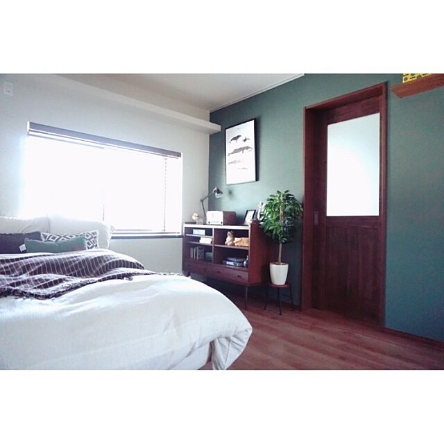 Bedroom,間接照明,アクセントクロス,寝室,ベッドルーム,北欧ヴィンテージ uchikoの部屋