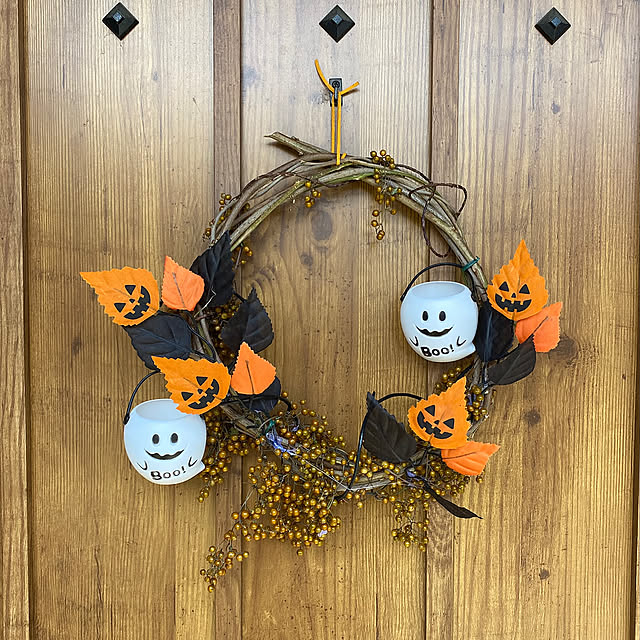 Entrance,リース土台手作り♪,藤のつる,ハロウィンリース,ハロウィン,百均,おばけ,モンスター,子どもと暮らす,BOO！,玄関ドア,セリア komaの部屋