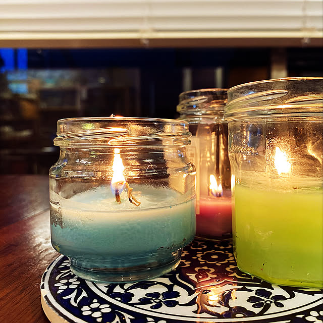 ジャム瓶,色の変化,ぷよぷよキャンドル,ぷよぷよ,夏休み,キャンドル,自由研究,ハンドメイド,My Desk,鍋敷き,トルコタイル,夜,夏 saekoの部屋