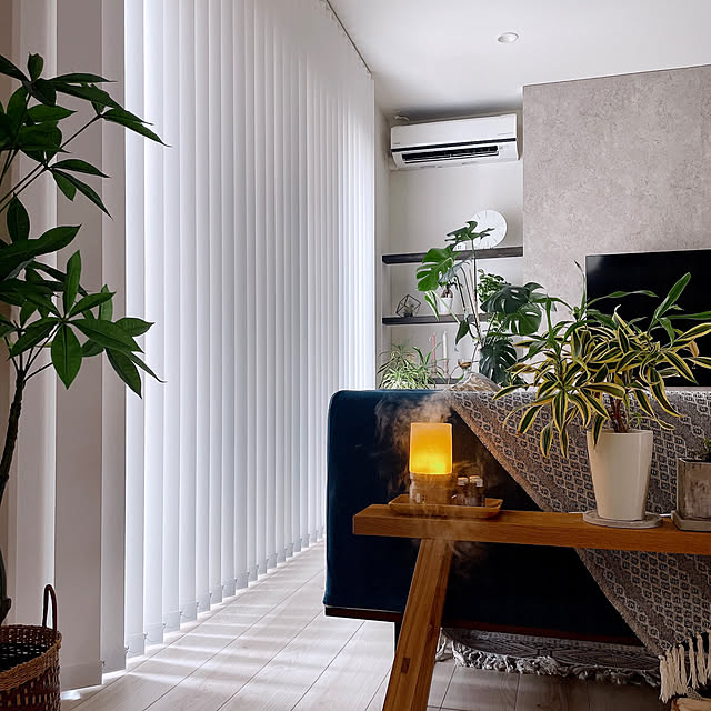 Lounge,バーチカルブラインド,フェイクグリーン　パキラ,観葉植物,無印　ベンチ,アロマ,アロマディフューザー,癒し,シンプルインテリア,コメントお気遣いなく♡,ニチベイ Miiの部屋
