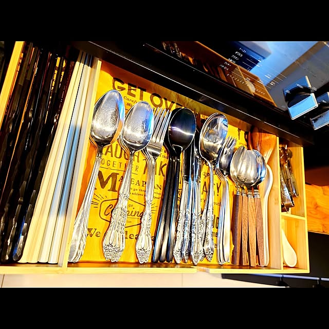Kitchen,引き出し収納,IKEA,100均,DIY,セリア,収納スペース,男前,男前インテリア,エロヴェン,キッチン収納,カフェ風インテリア,ダイソー,カトラリー収納 oddo...の部屋