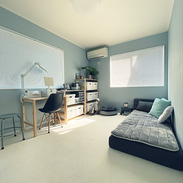 ブロントサウルス,犬ベッド,ニトリのソファベッド,主婦の部屋,自分の部屋,イームズチェアリプロダクト,山善,バンカーズボックス,新生活,建売り改造,無印パイン材ユニットシェルフ,Kindle Fire,無印良品,壁塗りDIY,加湿器,toffy加湿器,ブラインド,水色の壁,建売住宅,Toffy,beats pill,IKEA,ニトリ,フェイクグリーン,いぬと暮らす,DIY,Overview moppoの部屋