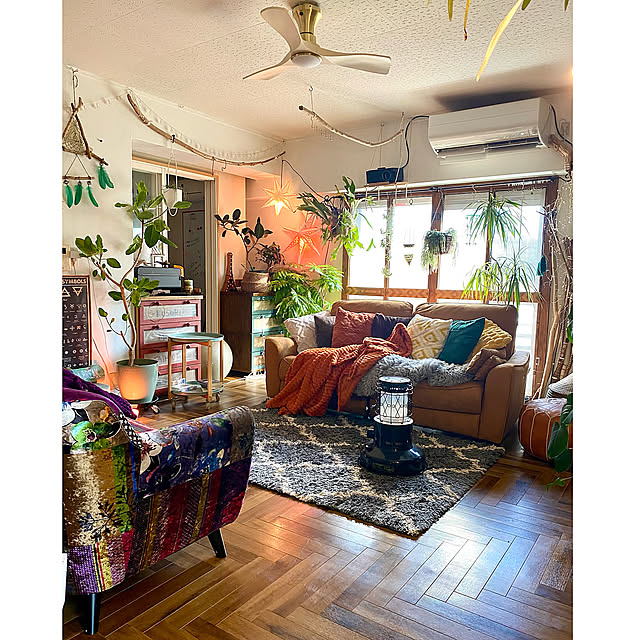 Lounge,ヘリンボーン床DIY,ベルベットソファ,流木,シーリングファン,朝のリビング,好きな眺め,ソファ二台置き,シャギーラグ,グリーンのある暮らし,ソファの位置変更,二重窓DIY,窓前のソファ tarezo33の部屋