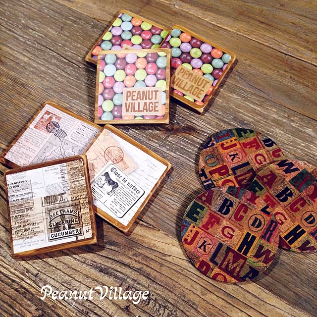 My Desk,コースター,100均リメイク,リメイク雑貨,セリアリメイク,カフェ風,アメブロやってます♪,IG→peanut_village ,ハンドメイド,DIY,デコパージュ,木工 PeanutVillageの部屋