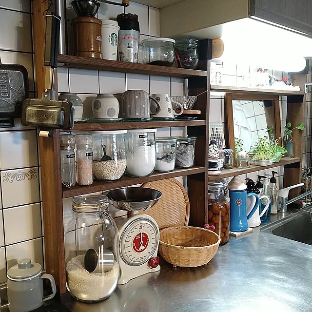 Kitchen,調味料収納,小石原焼,賃貸インテリア,暮らしの道具,キッチン道具,台所道具,ラブリコ棚,月兎印,WECK sakusakuの部屋