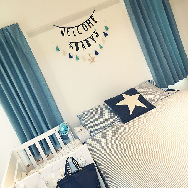 Bedroom,ベビーベッド,ブルーが好き♡,あかちゃんのいる部屋,IKEA,ニトリ,ホワイトインテリア re-tamの部屋
