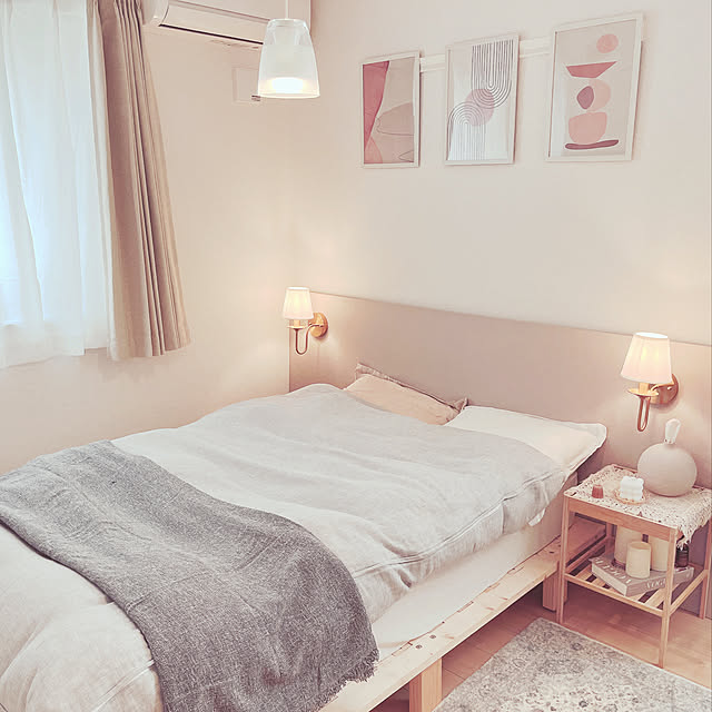 ホテルライク,ナチュラル,DIY,一人暮らし,北欧,賃貸,Bedroom,ヘッドボード,リメイクシート,アート,グレージュ,韓国,ベッドルーム,ベッド,寝室 mmmyの部屋