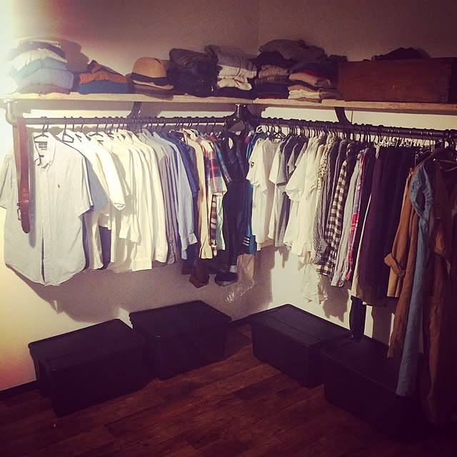 Bedroom,オープンクローゼット,IKEA,男前,男前化計画,ガス管,配管シェルフ,新居でござる,DIY,配管,インダストリアル,足場板,ガス管ハンガーラック katsuwobushiの部屋