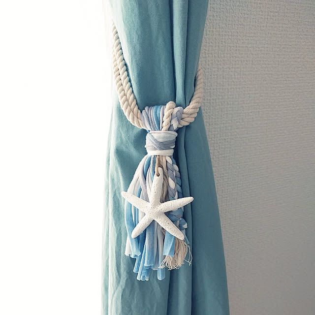 Lounge,10分でできる,とにかく青が好き,西海岸インテリア,セリア,海が好き,ヒトデ,ロープ,海モチーフ,ハンドメイド,カーテンタッセル,ビーチスタイル,ビーチインテリア,Tシャツヤーン moricoの部屋