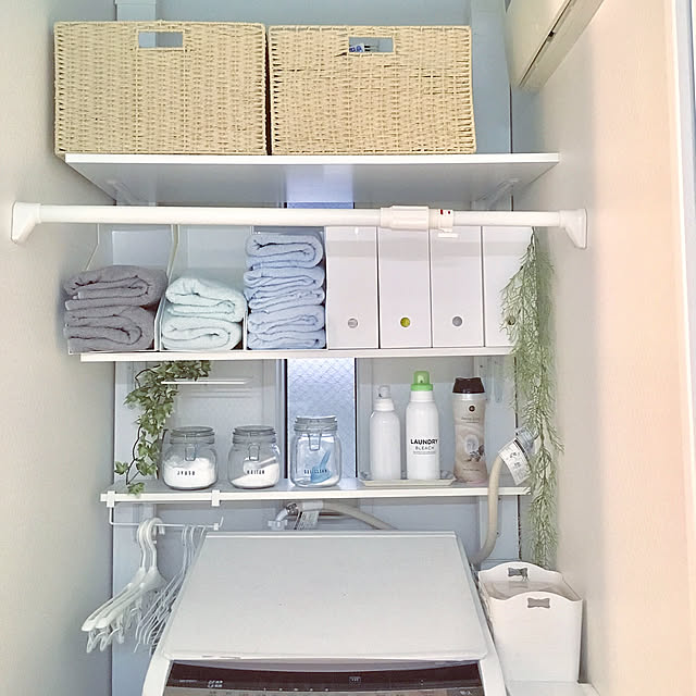 Bathroom,ラブリコでDIY,IKEAのバスタオル,ファイルボックス・ワイド,ファイルボックス,洗濯機周り,脱衣室収納,脱衣室,洗面室,かご収納,ニトリ,フェイクグリーン,100均,ブルー好き♡,ラブリコ,ランドリー chi.nyanの部屋