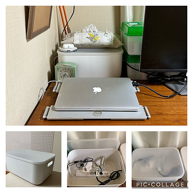 X-Base,バルミューダー,DELLモニター,MacBook Pro,無印やわらかポリエチレンケース,コード収納,Bedroom,アミブルージュ ティッシュケースカバー,ワイヤレス充電器,belkin,パソコン置き場,作業スペース mizucchiの部屋